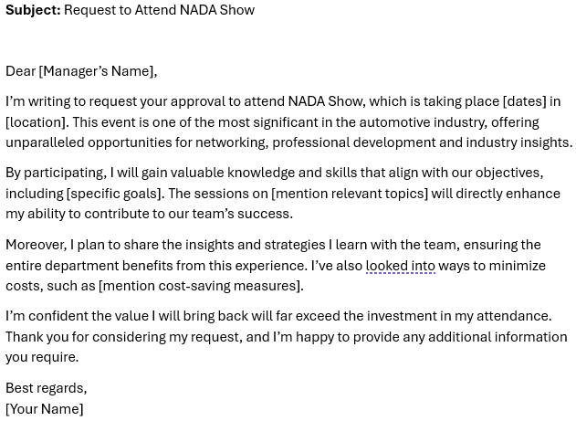 NADA Show manager approval sample letter